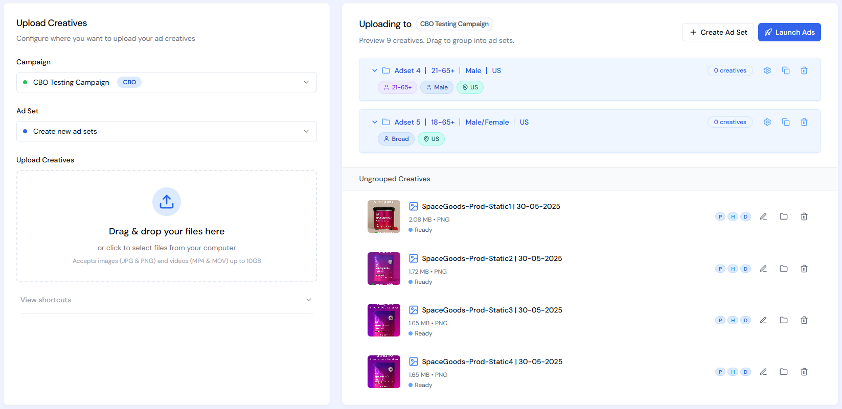 The Rapid Ads dashboard with a batch of ads ready to launch