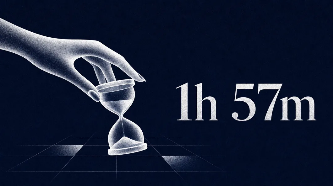 A hand holding an hourglass beside the time 1h 57m