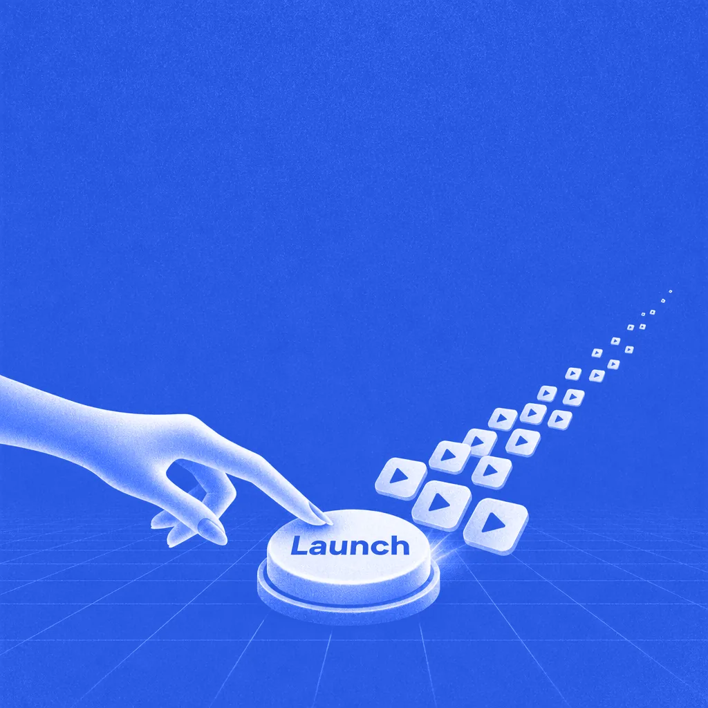 A hand pressing a large Launch button, sending a stream of ad tiles arcing away live