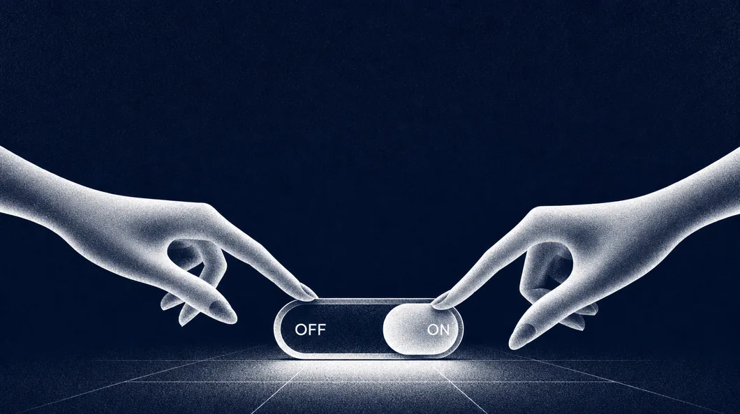 Two hands fighting over a toggle switch, one pushing it off while the other flips it back on